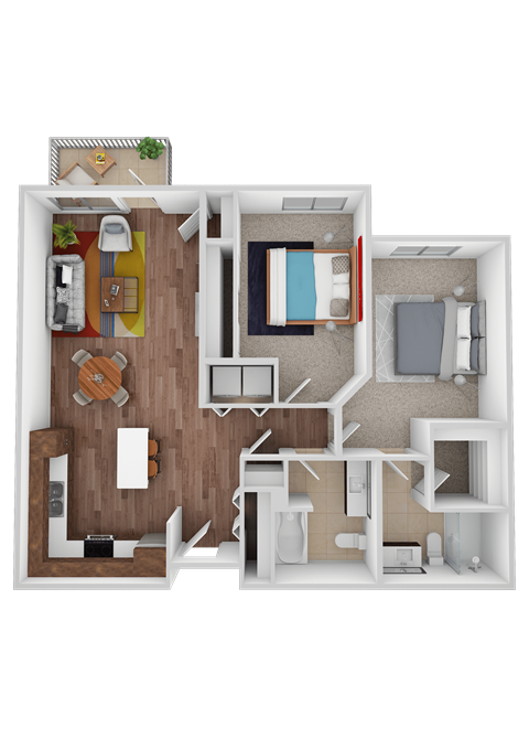 A 3D floor plan of a house with a kitchen, living room, dining room, and bedrooms.